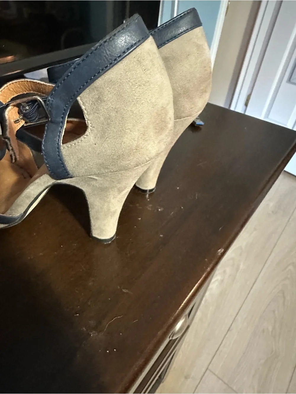 Chelsea Crew T-Strap Two-Tone Suede Heels in Taupe and Navy